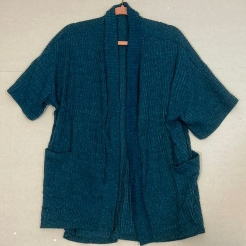 Charming Charlie Cardigan Sweater with Pockets, Open Front, Teal, Oversized Med.